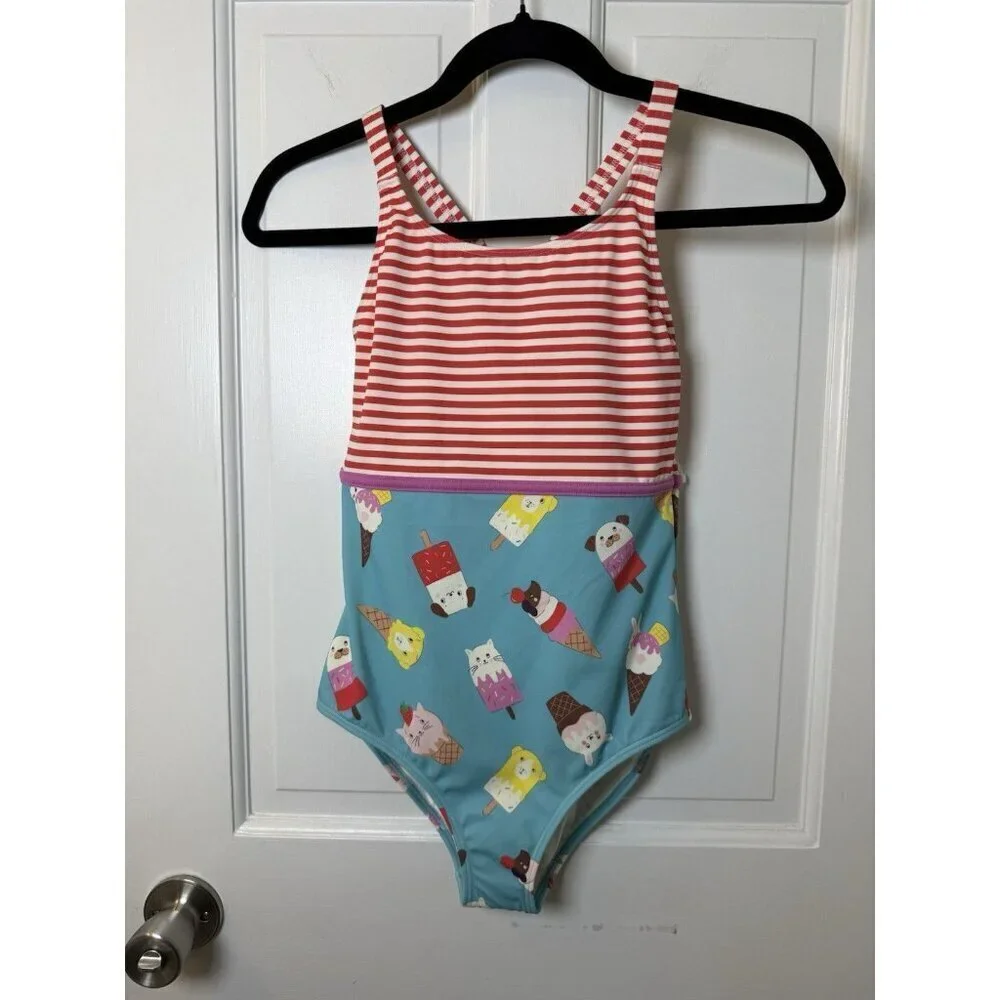 Mini Boden Hotchpotch Girls Swimsuit Stripes Ice Cream Animals Size 11-12Y NWT